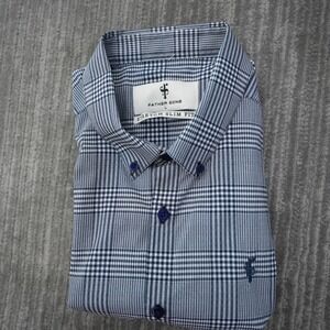 Father Sons Shirt Men Button Down  Blue Short Sleeve Stretch Slim Fit Large